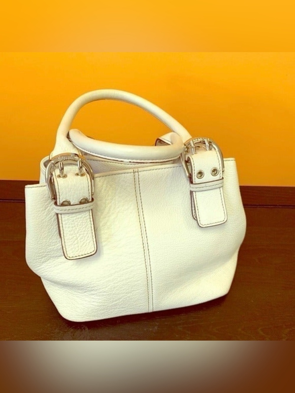 Tignanello White Pebble Leather Satchel with Buckle Accents